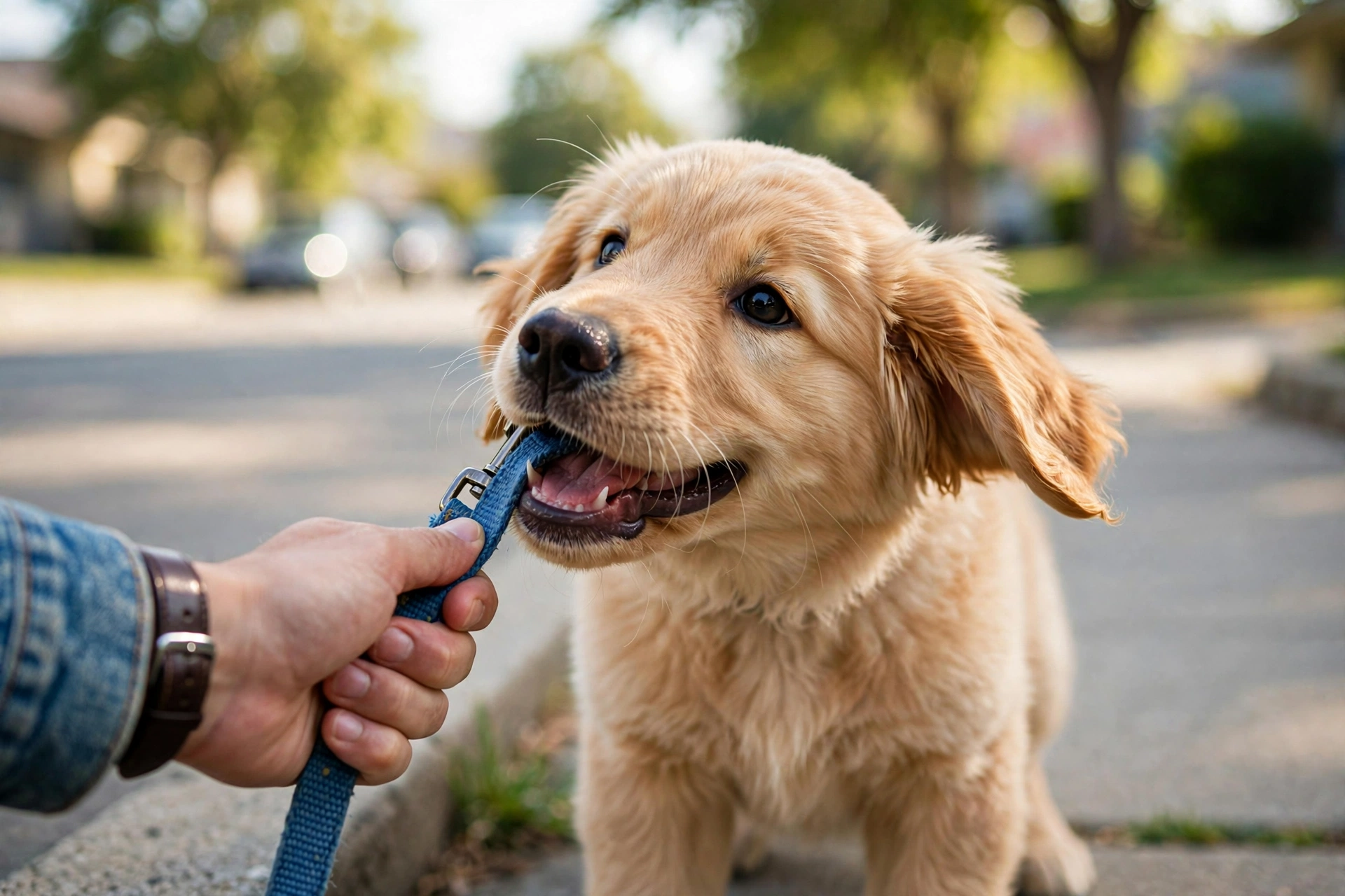 A golden retriever puppy gleefully biting its leash during a walk in the park