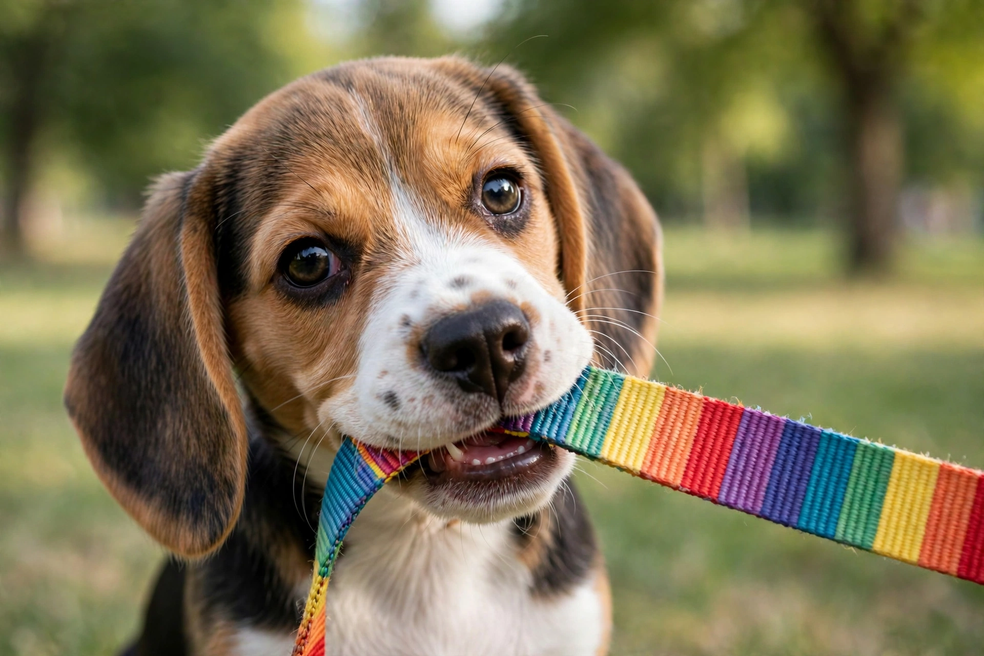 Close-up of a playful beagle puppy mouthing its leash with a mischievous expression