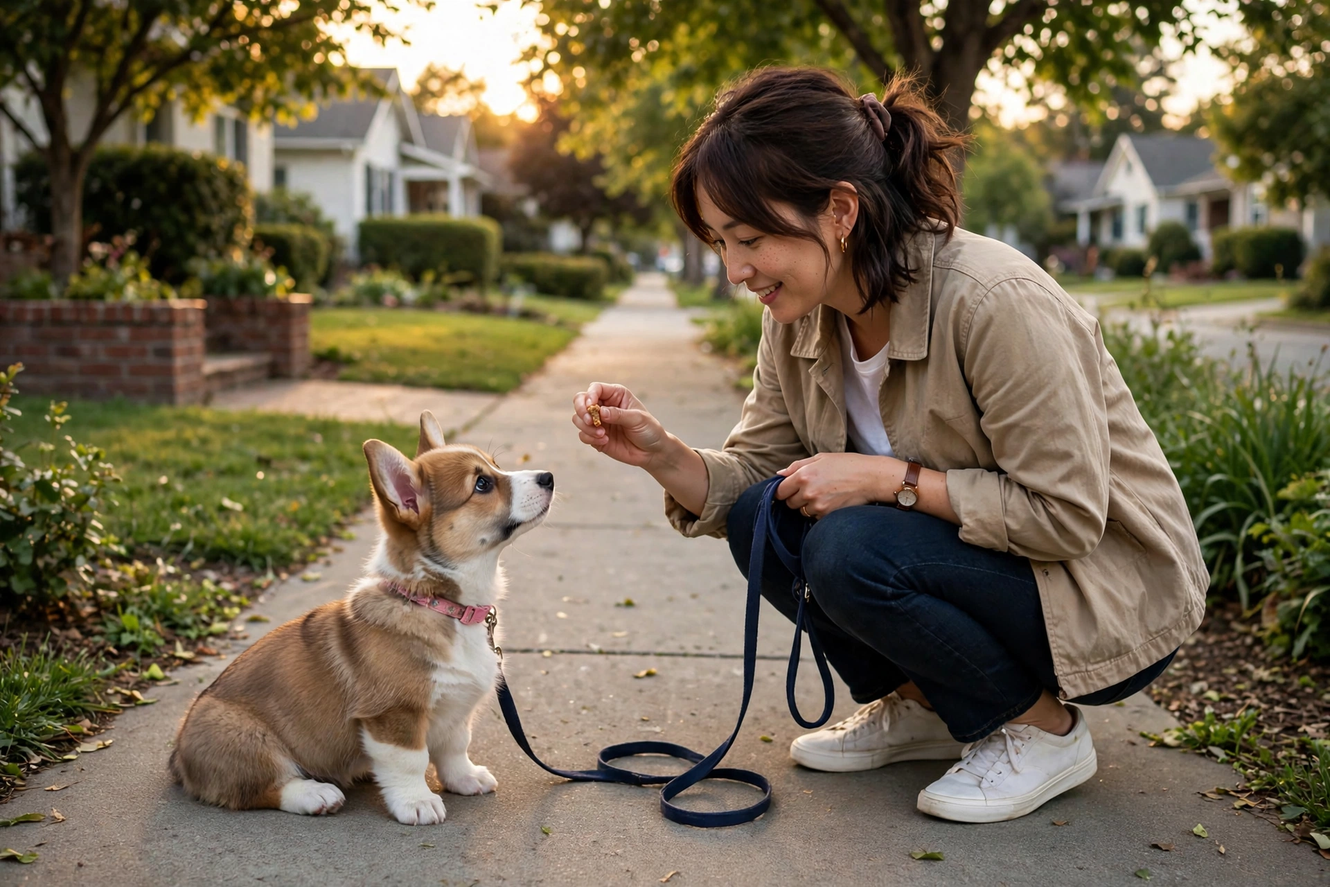 A corgi puppy being calmly redirected with a treat by its owner during a walk