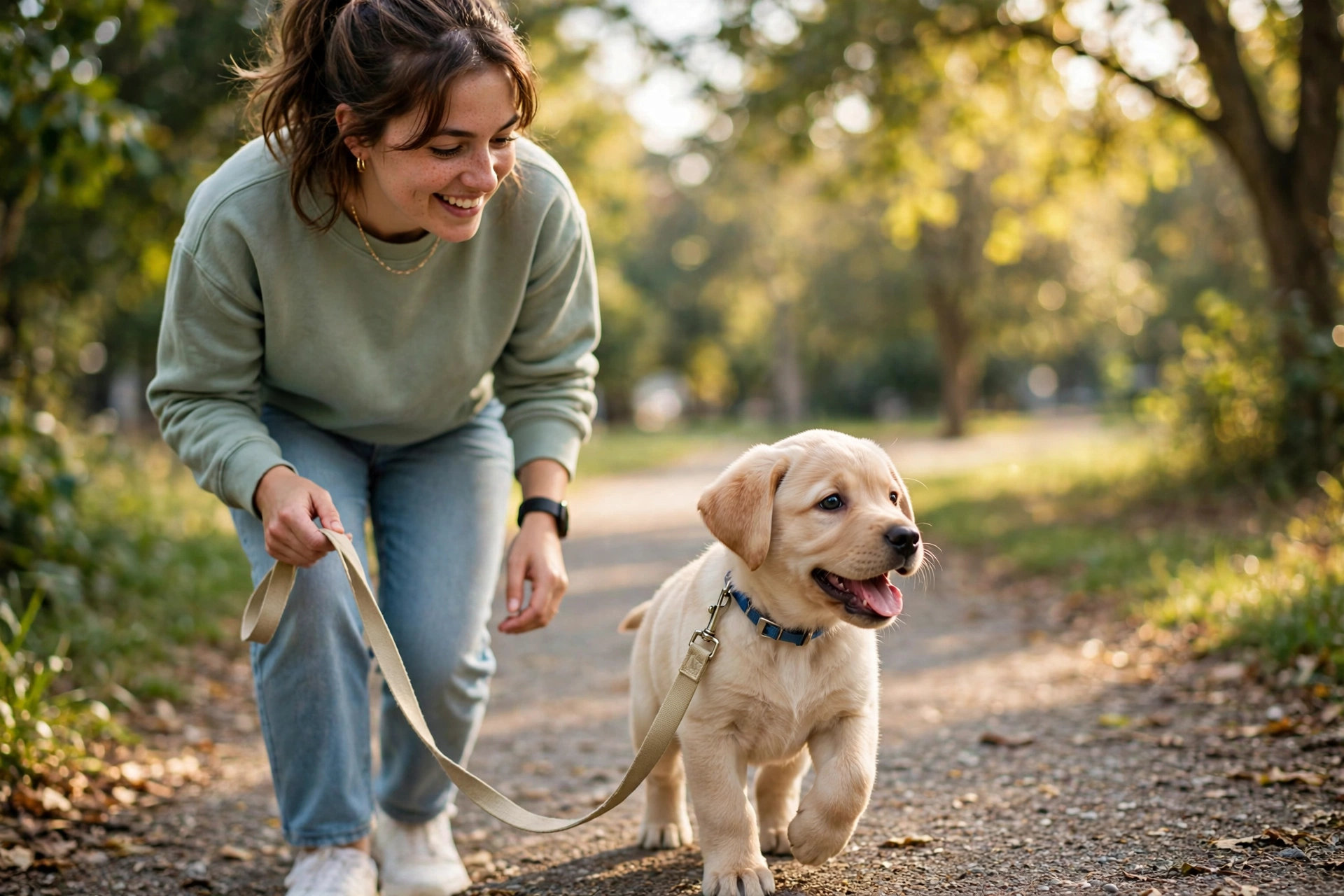 A happy labrador puppy walking nicely on a loose leash beside its owner
