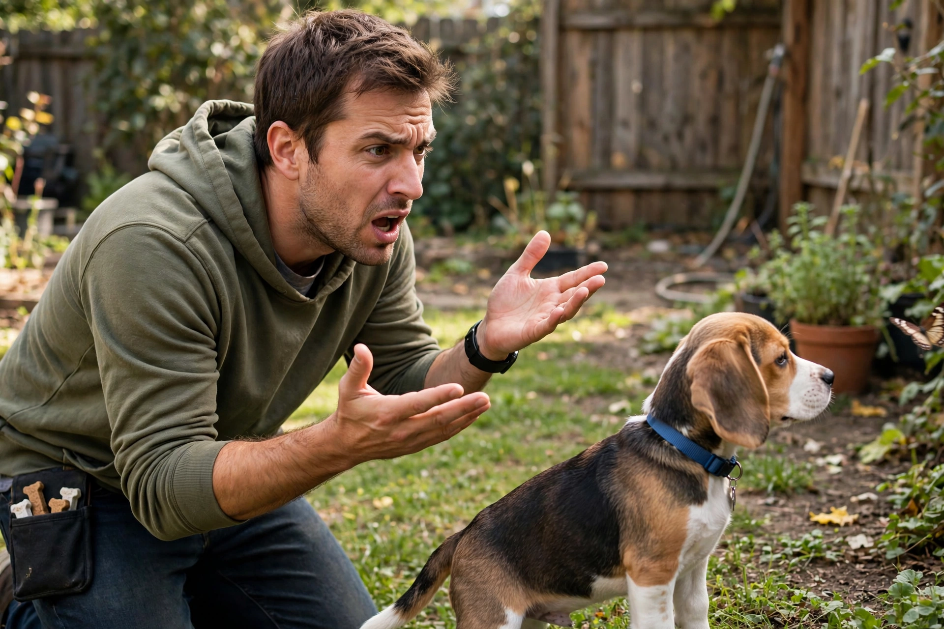 A frustrated owner repeating the sit cue to a distracted puppy that is looking away in a living room