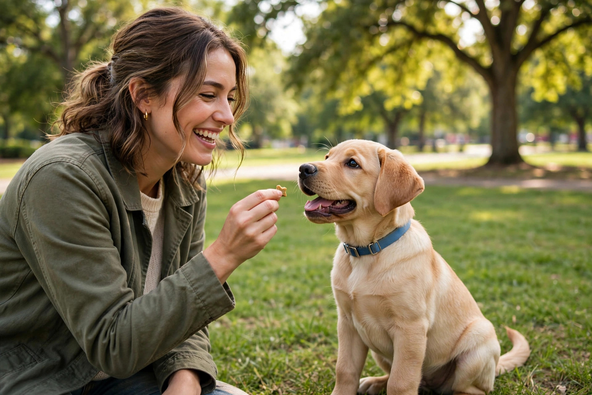 A happy owner giving a treat reward to a puppy sitting correctly, joyful positive training moment in a living room