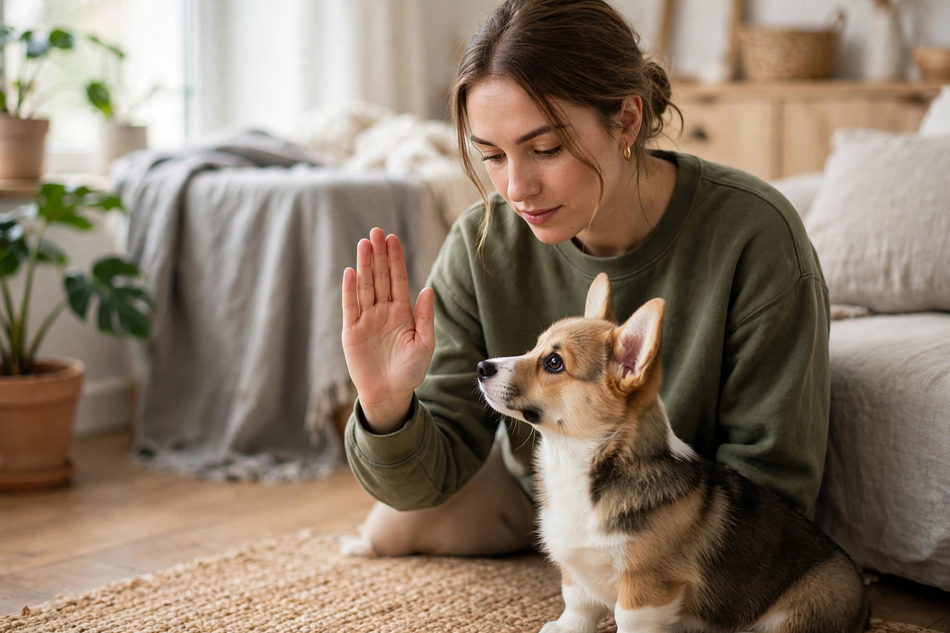 A calm owner training a focused puppy with treats in a quiet living room, relaxed positive session