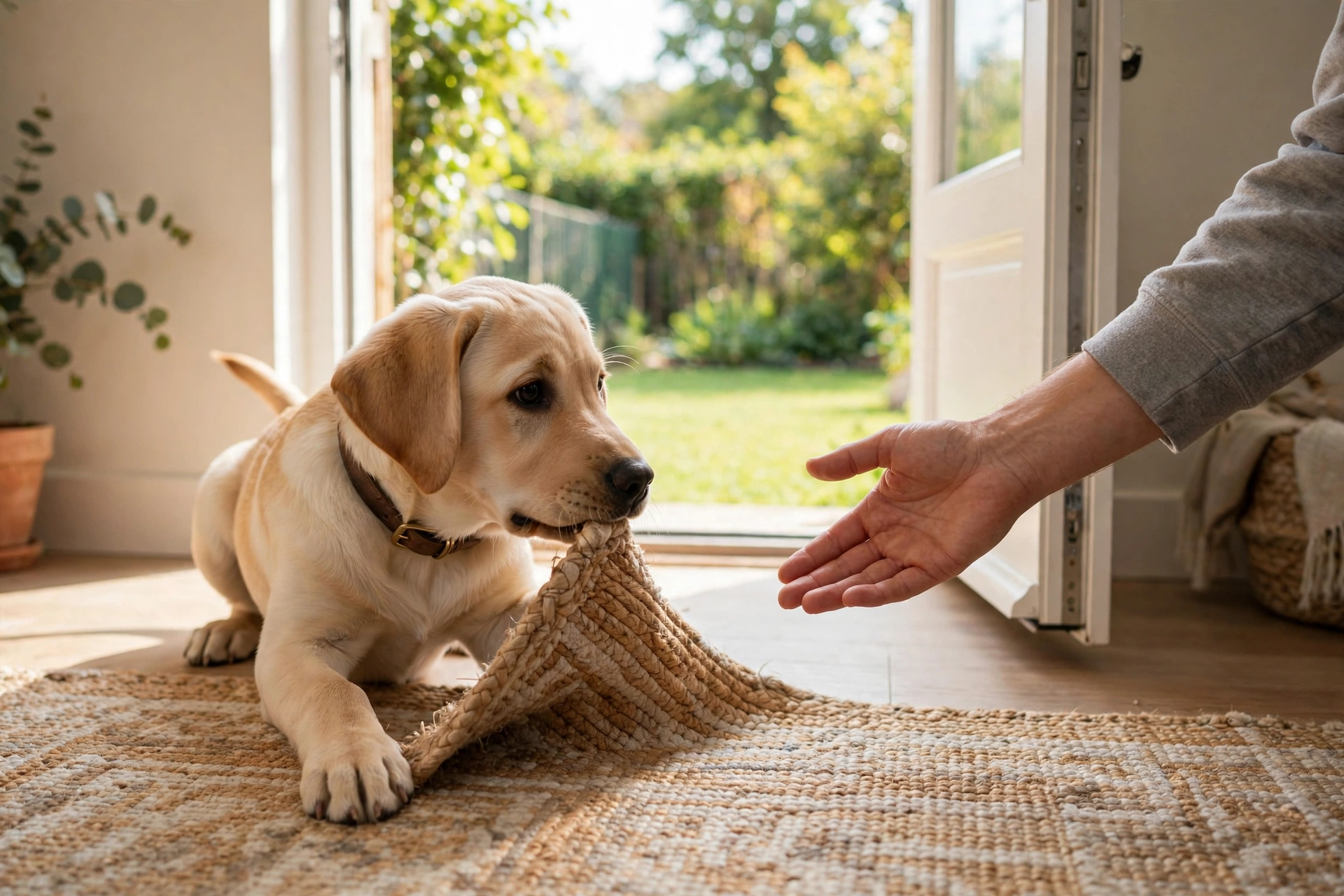 Adolescent Labrador puppy being gently redirected by its owner toward an open back door