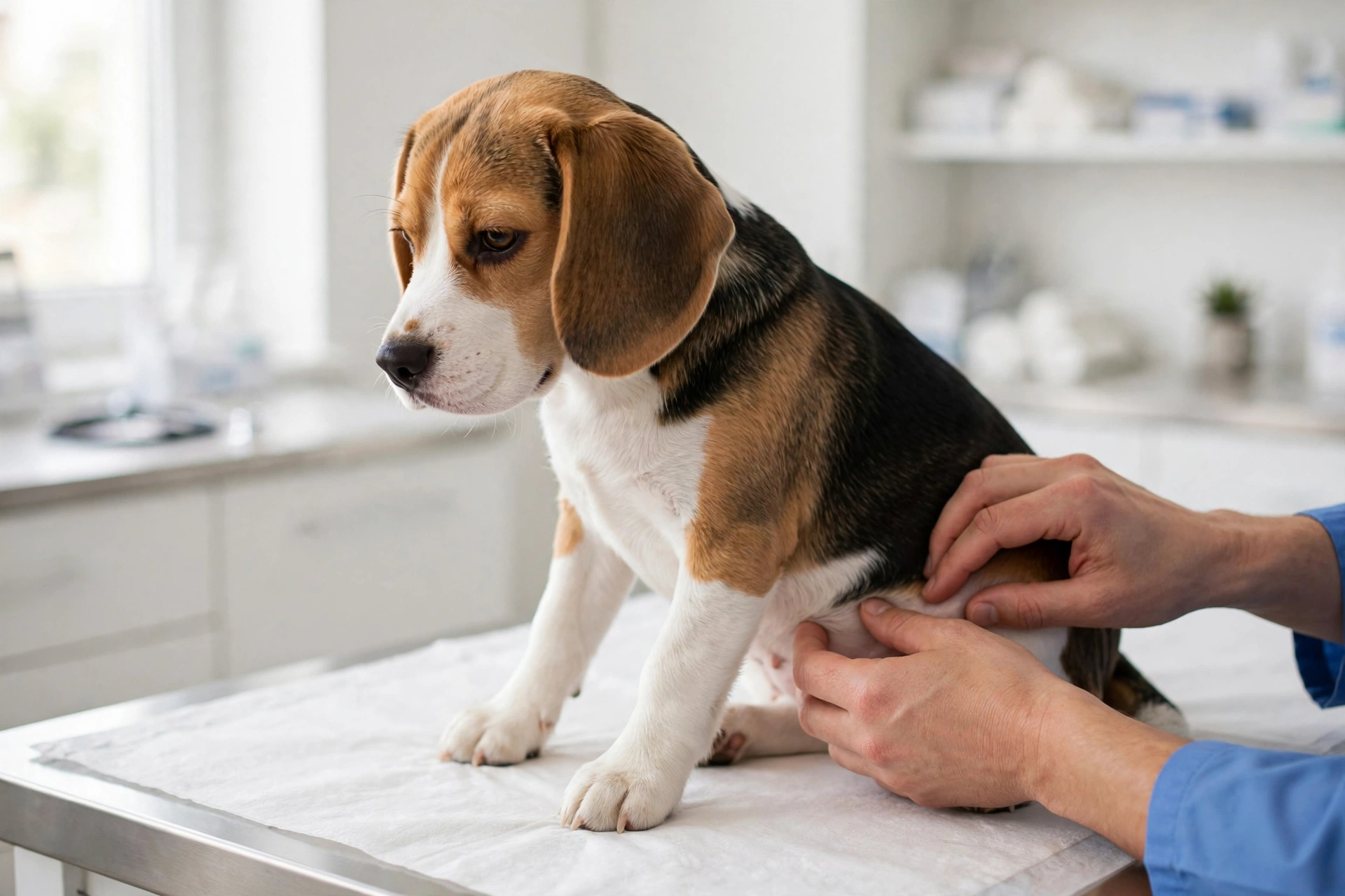 Beagle puppy sitting calmly on a veterinary examination table during a checkup