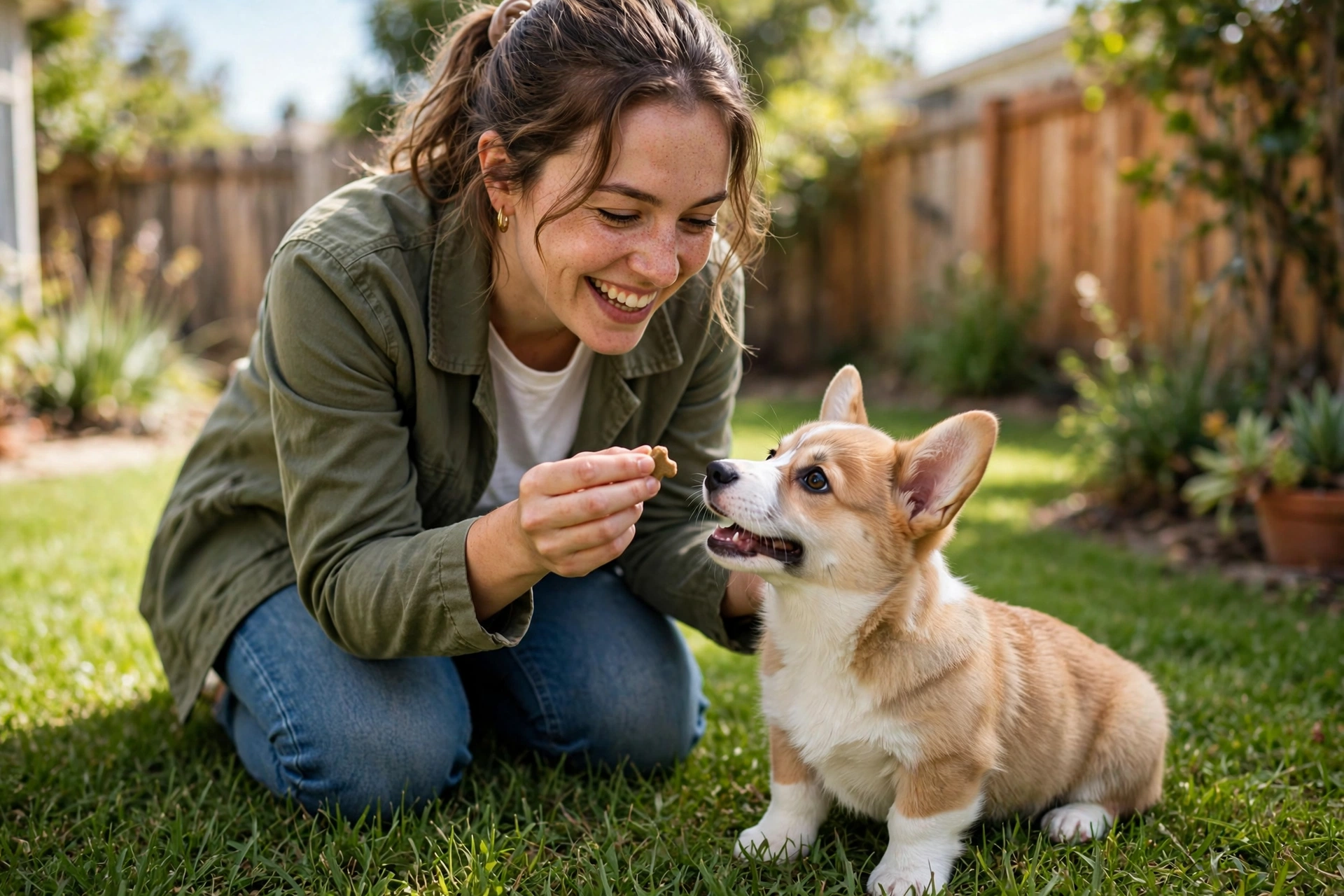 Woman giving a treat to a corgi puppy on grass after successful outdoor potty