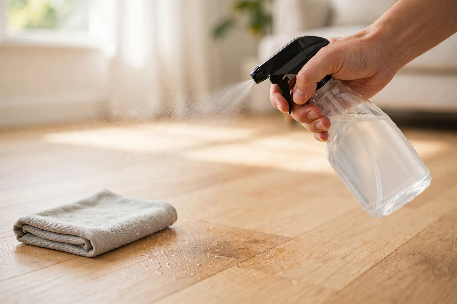Person spraying enzymatic cleaner on a hardwood floor where a puppy had an accident