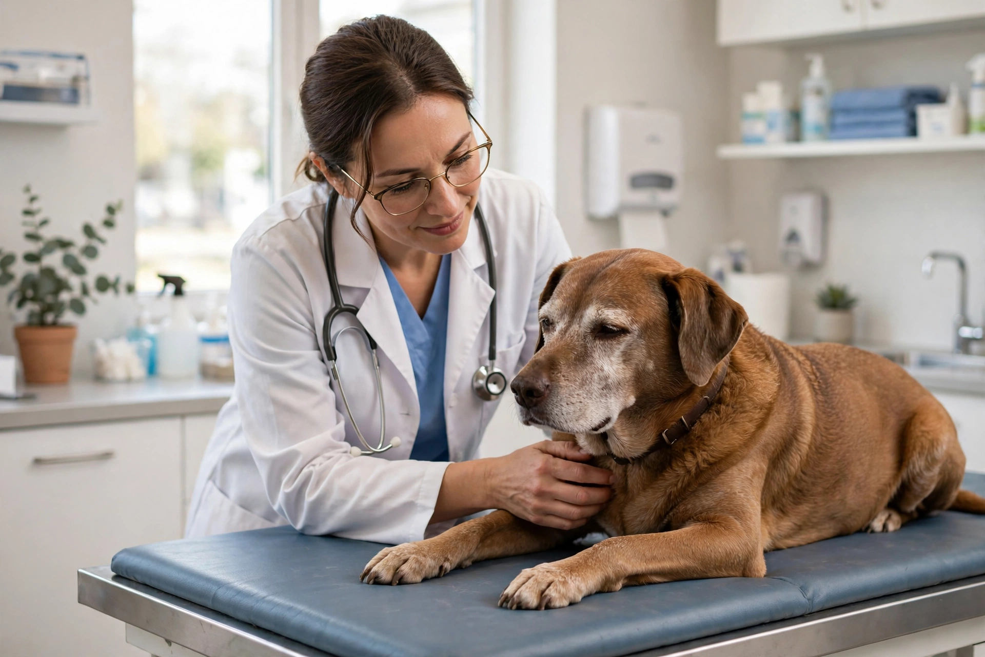 Veterinarian gently examining a senior brown dog on an exam table during a health checkup