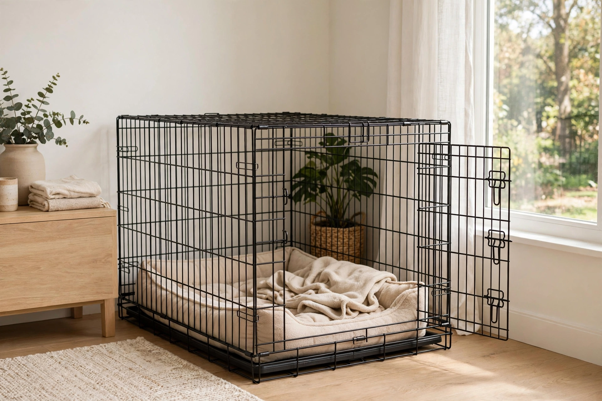Cozy properly sized dog crate with soft bedding set up in a bright living room corner