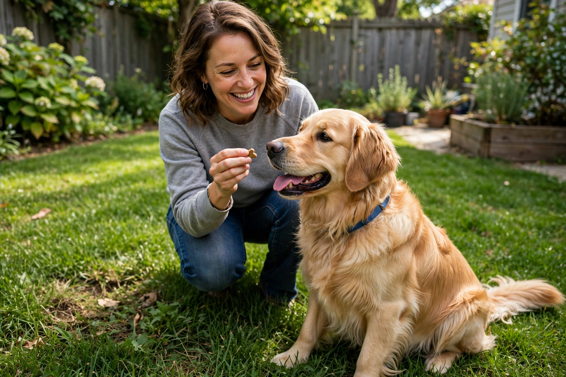 Happy owner giving a treat reward to an adult golden retriever right after it finished going potty on grass