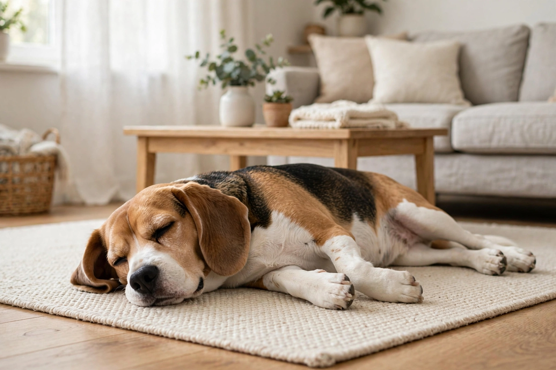 Relaxed adult beagle lying contentedly on a clean living room rug in a tidy home