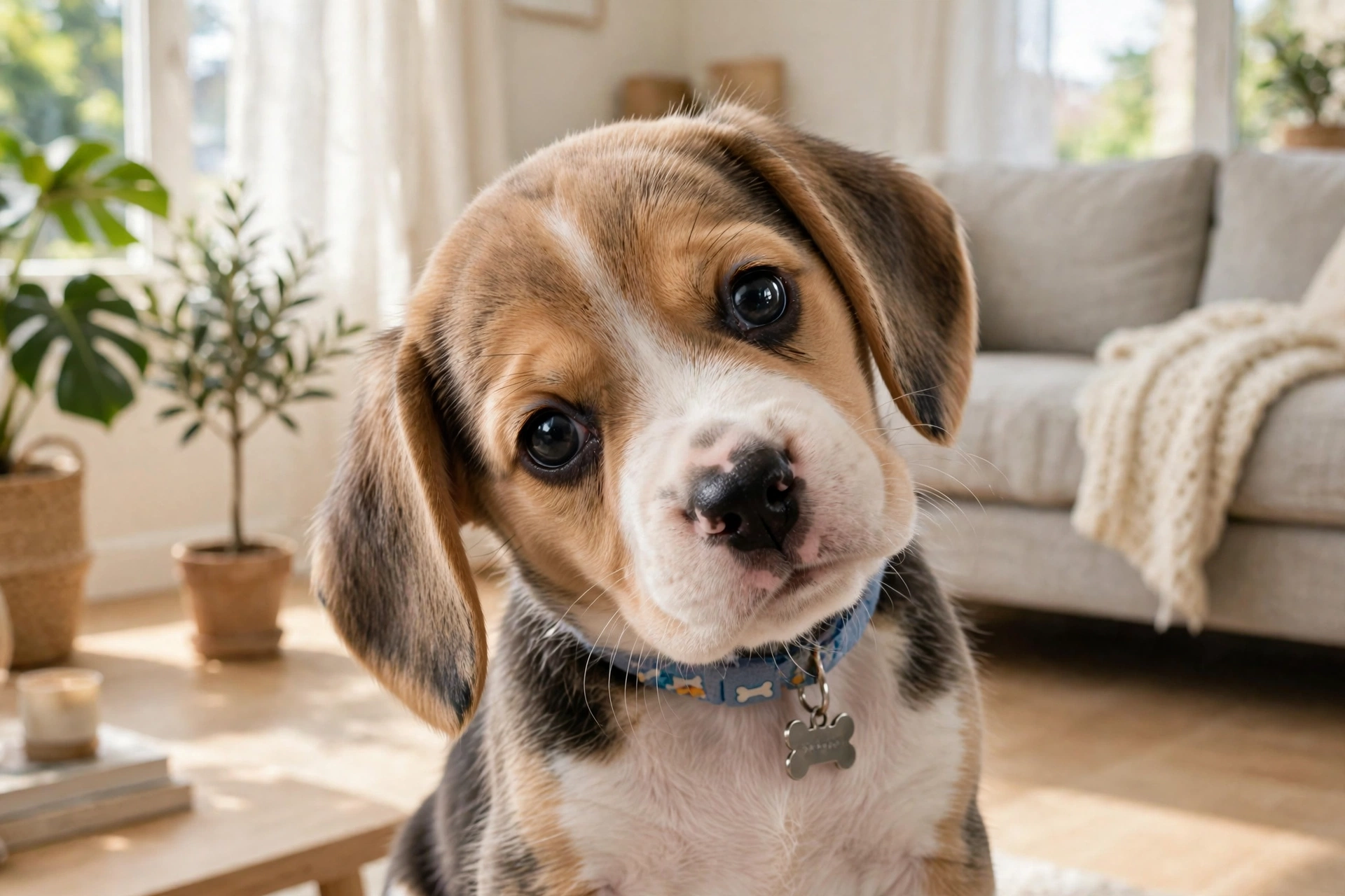 A beagle puppy tilting its head while staring curiously at the camera