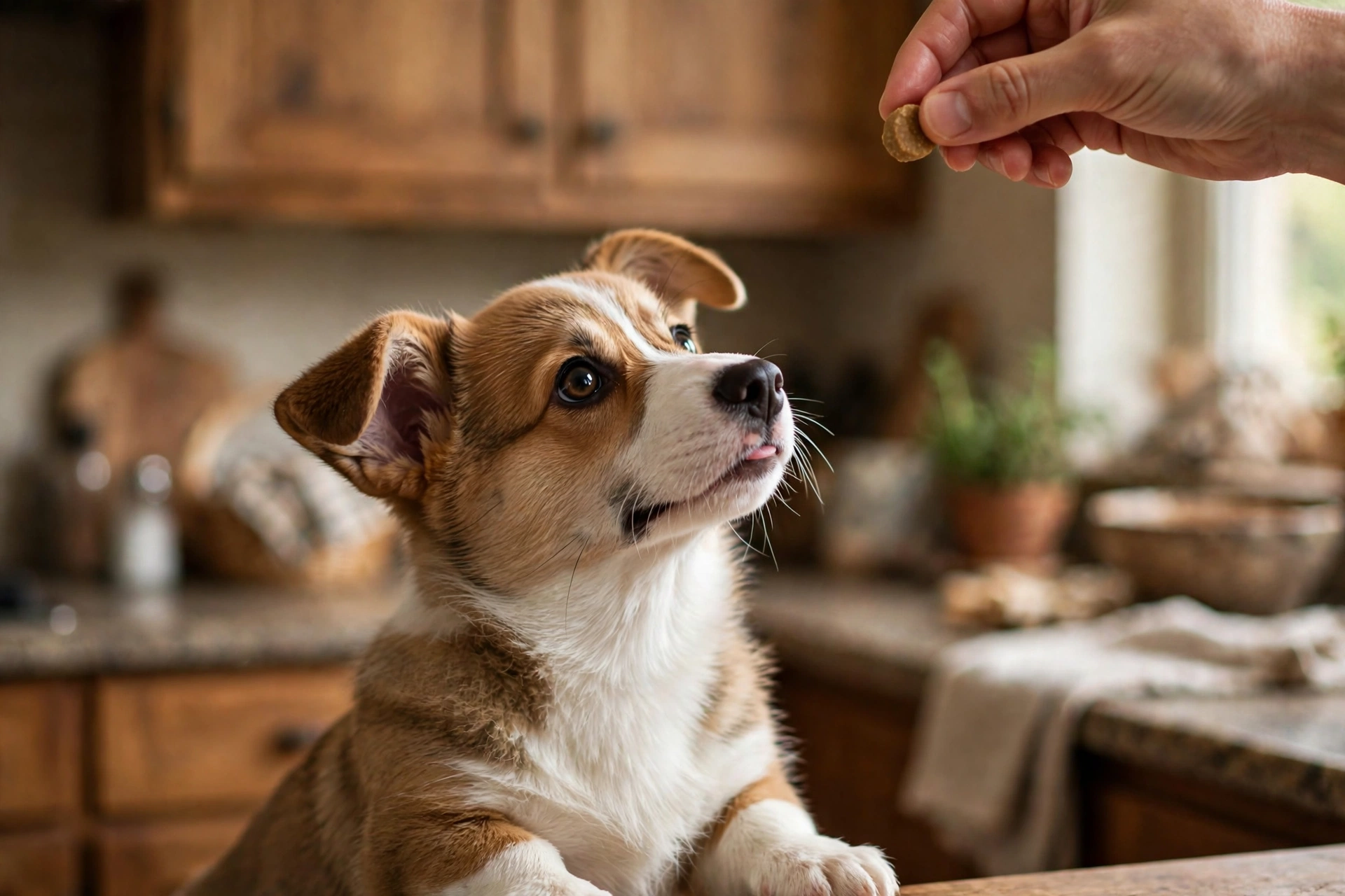 A corgi puppy staring fixedly at a treat held in its owner's hand