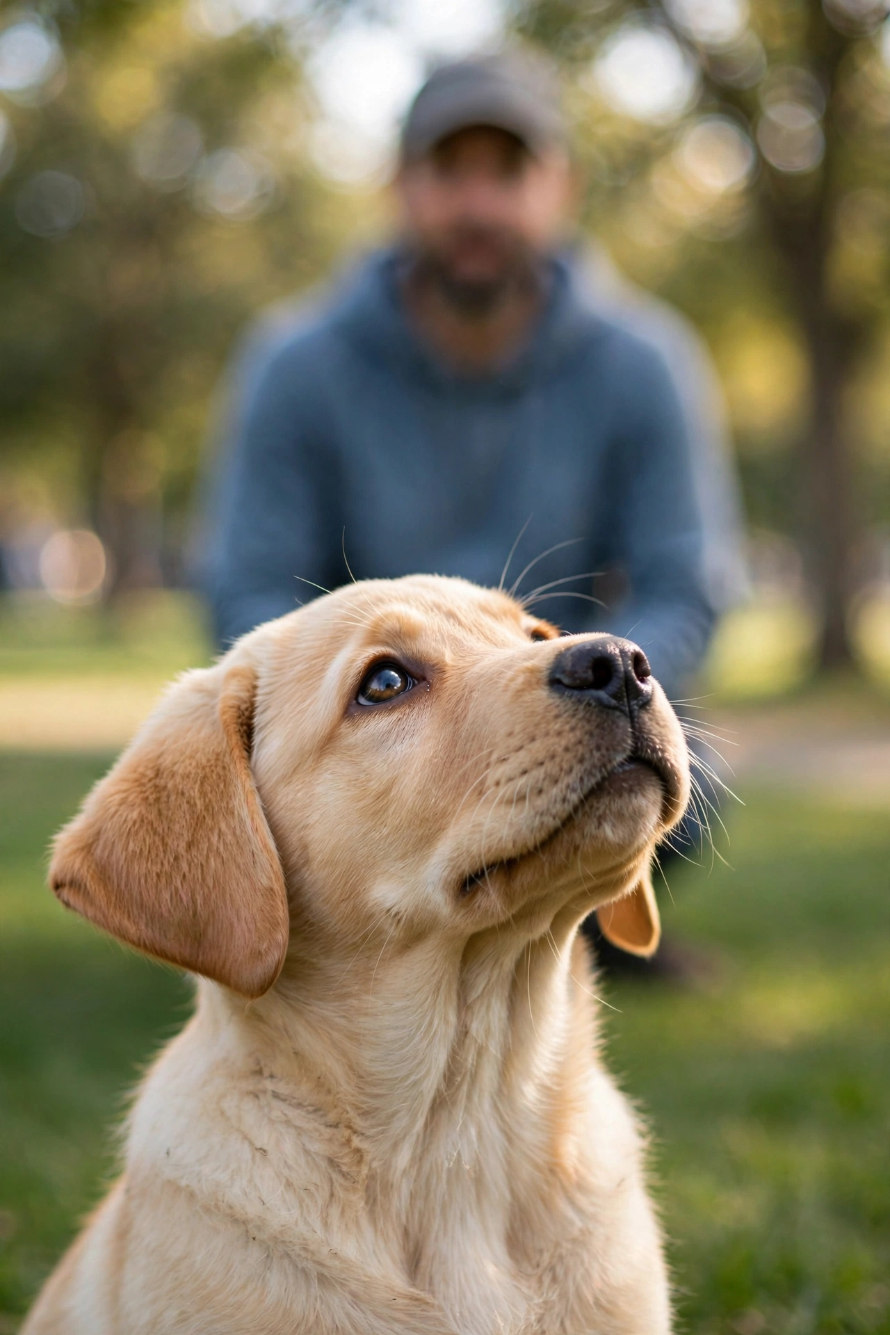 A labrador puppy gazing up adoringly at its owner