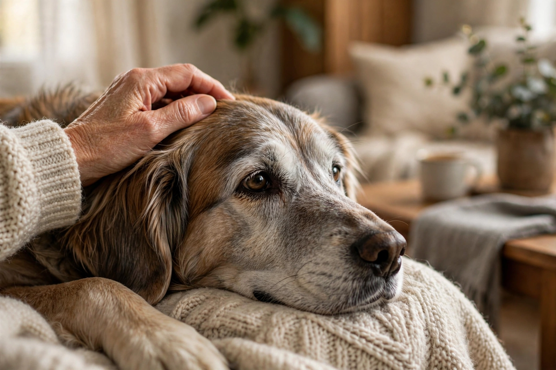 An older dog resting calmly while its owner gently strokes its head